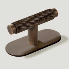 Plank Hardware Cabinetry Handle with Backplate KEPLER Knurled Single T Handle - Antique Brass