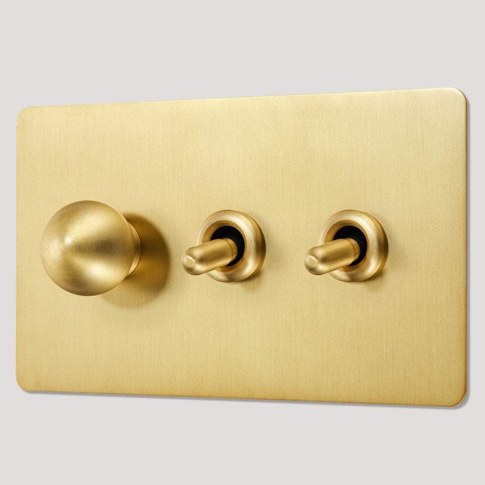 BOBBIN 3G Mixed Light Switch 2 Toggle / 1 Dimmer - Brass