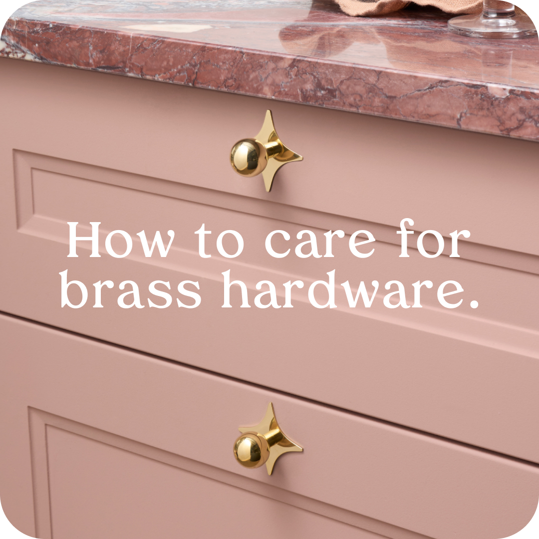 Pink Cabinets with Unlacquered Brass Knobs with Star Backplates.