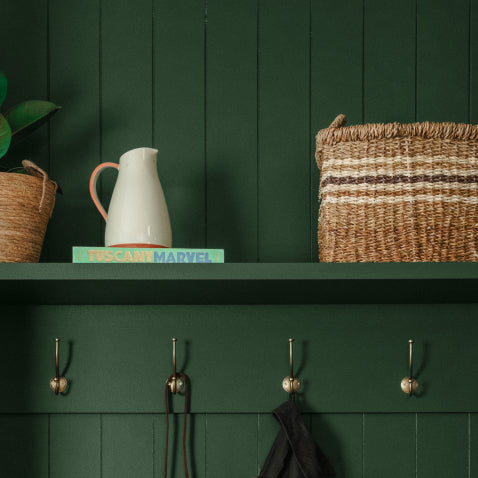 Forest green boot room hallway storage with aged brass hooks