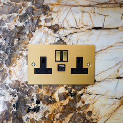 SYLVIE Double Plug Socket with USB A/C Super Fast Charge - Brass (Black Insert)