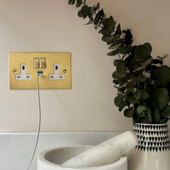 SYLVIE Double Plug Socket with USB A/C Super Fast Charge - Brass (White Insert)