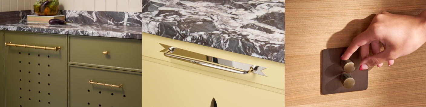 Collage of Plank Hardware cabinet handles and light switches in luxurious metal finishes