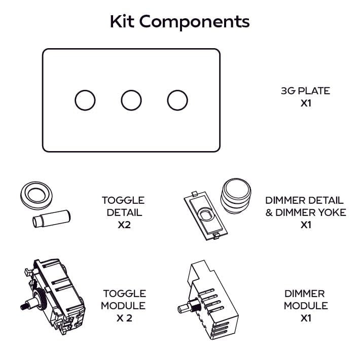 ALVA 3G Paintable Mixed Switch 2Toggle/ 1Dimmer - Brass - Plank Hardware