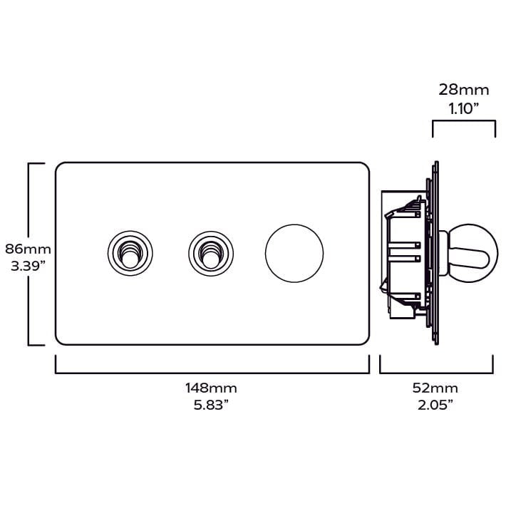 BOBBIN 3G Paintable Mixed Switch 2Toggle/ 1Dimmer - Brass - Plank Hardware