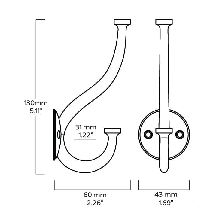 GRAYSON Shaker Double Fixing Hook - Brass - Plank Hardware