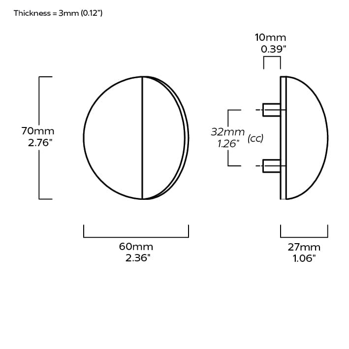 Plank Hardware Cabinetry 70mm (32mm CC) FOLD Round Front Mounted Handle - Aged Brass
