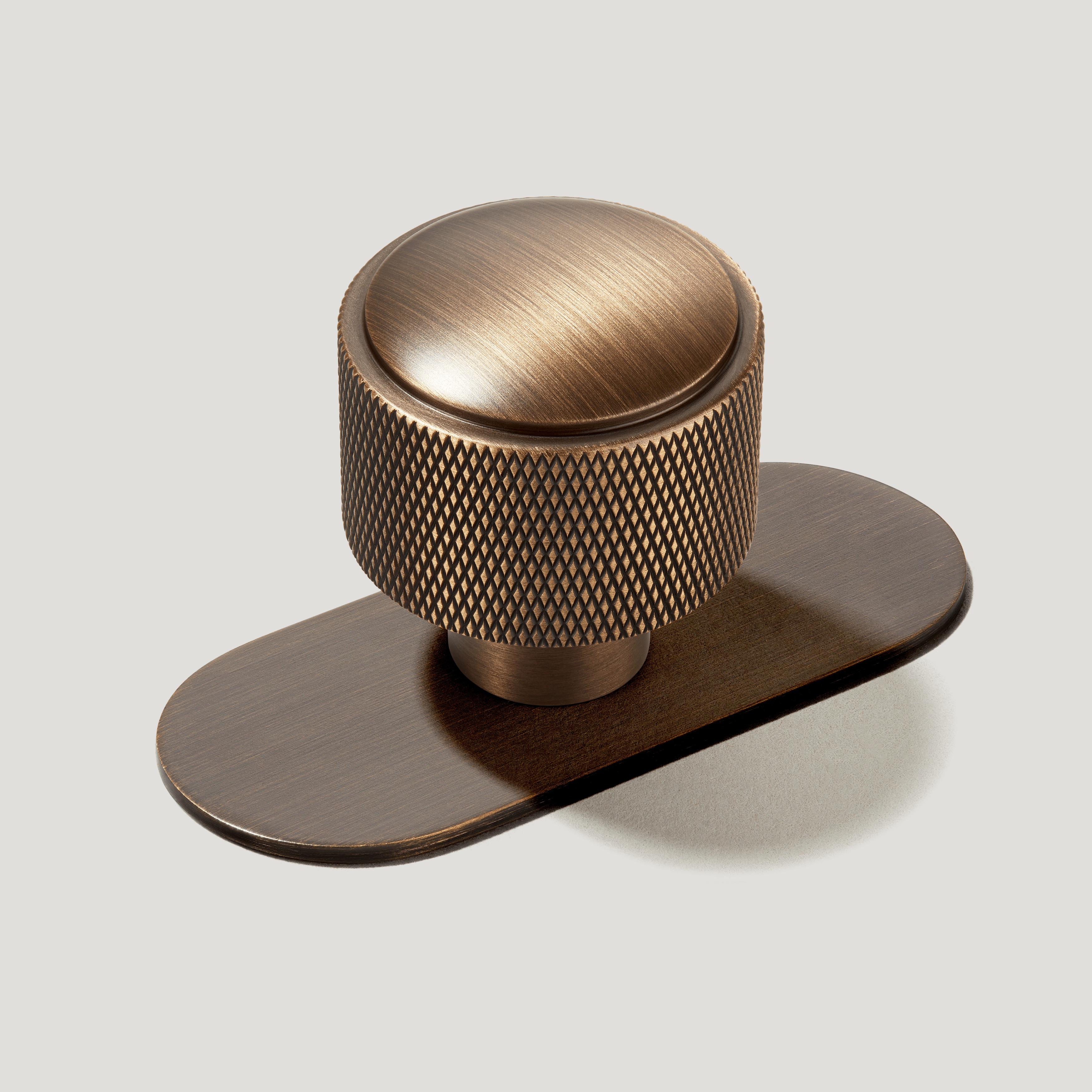 Plank Hardware Cabinetry Knob with Backplate HUMBOLDT Knurled Button Knob - Antique Brass