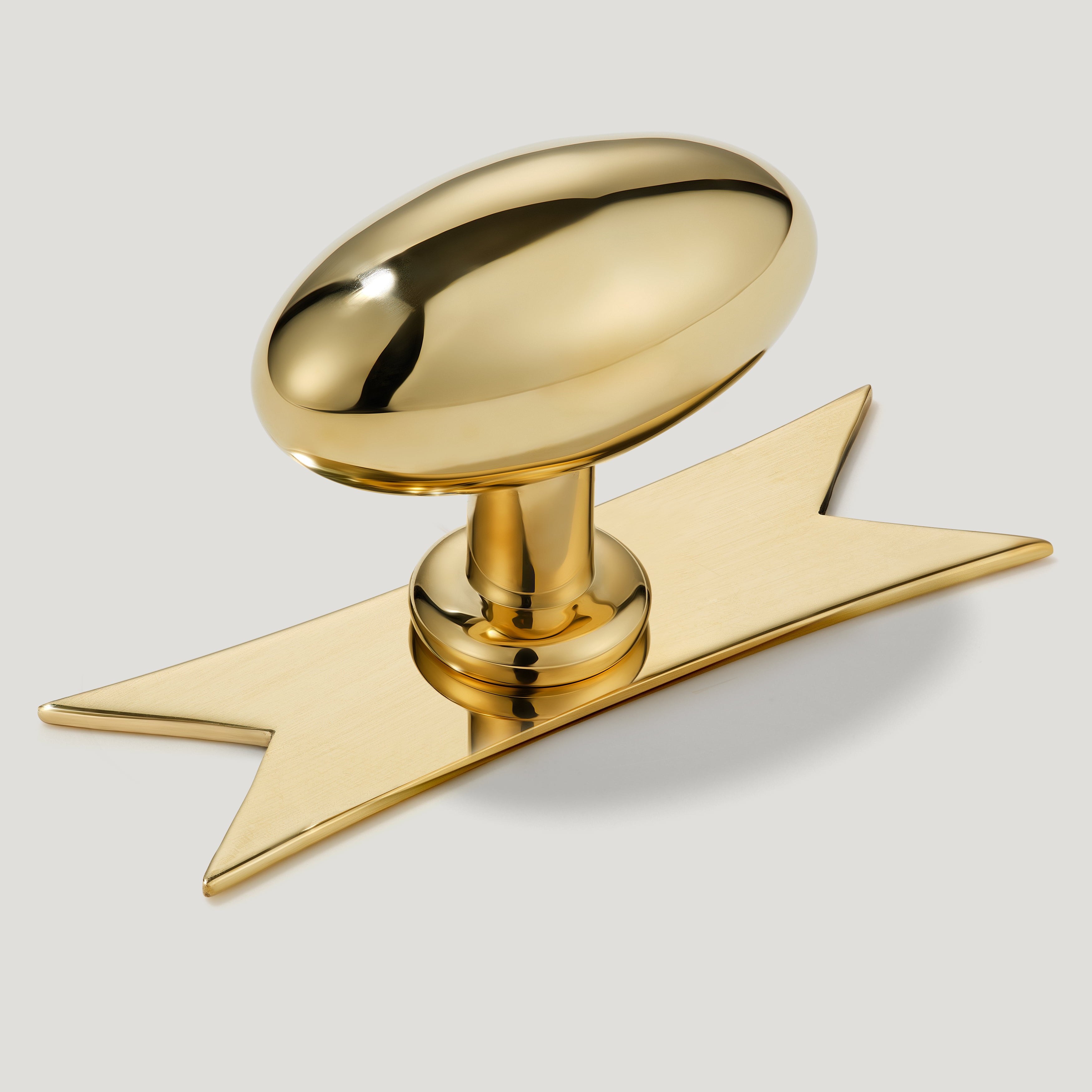 Plank Hardware Cabinetry Knob with Ribbon Backplate PEYTON Oval Knob - Unlacquered Brass