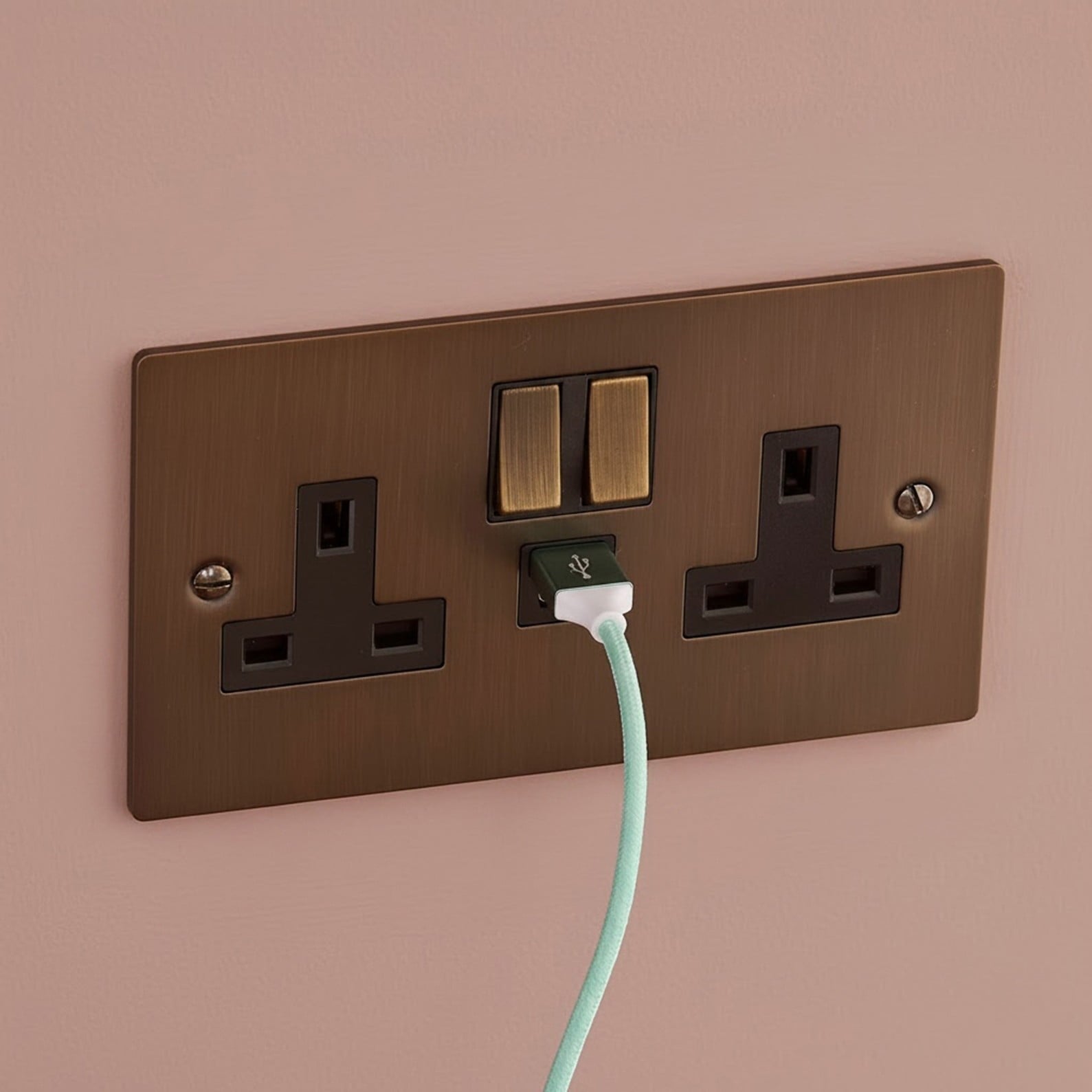 Plank Hardware Electric SYLVIE Double Plug Socket with USB A/C Super Fast Charge - Antique Brass (Black Insert)