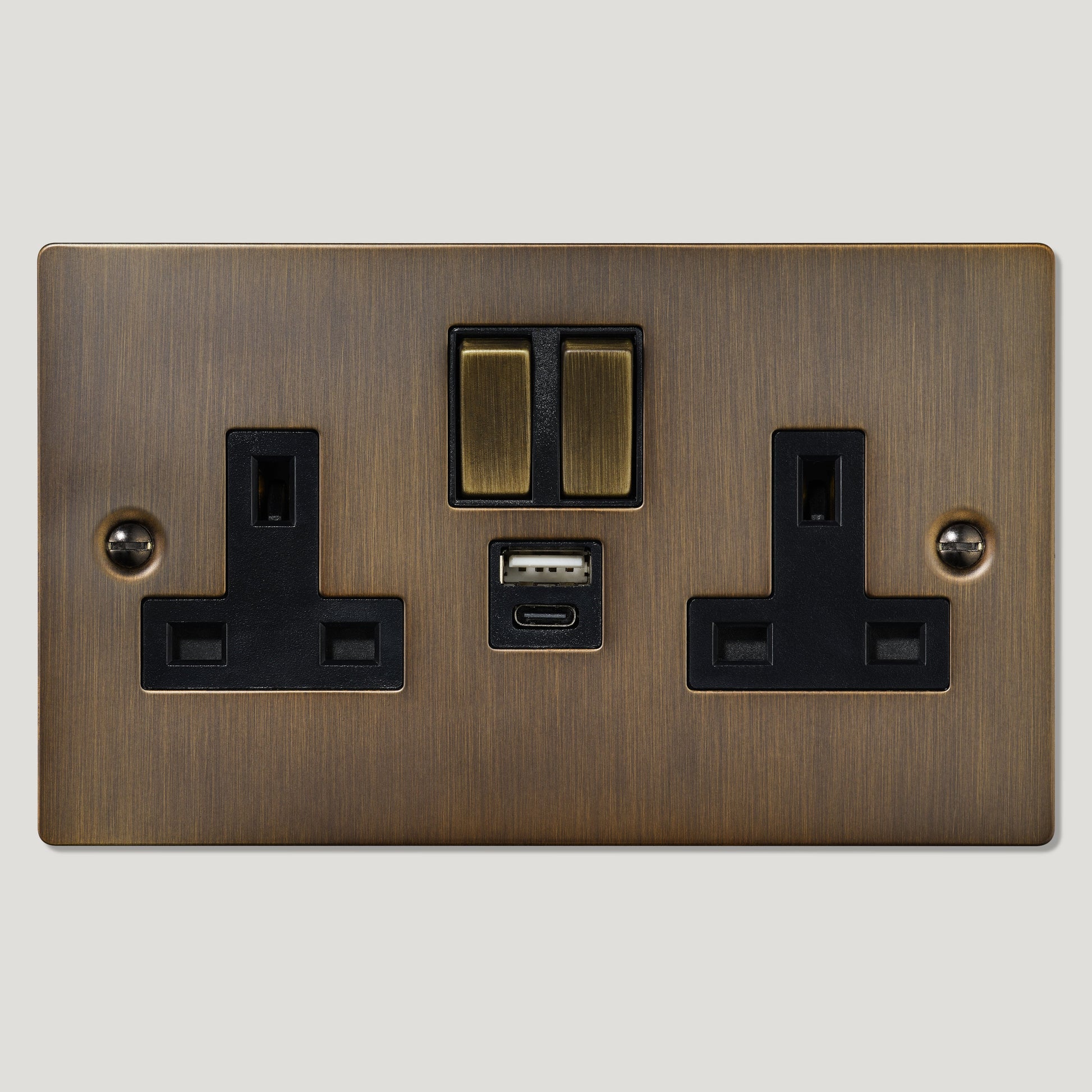 Plank Hardware Electric SYLVIE Double USB / USB-C Plug Socket  - Antique Brass (Black Insert)