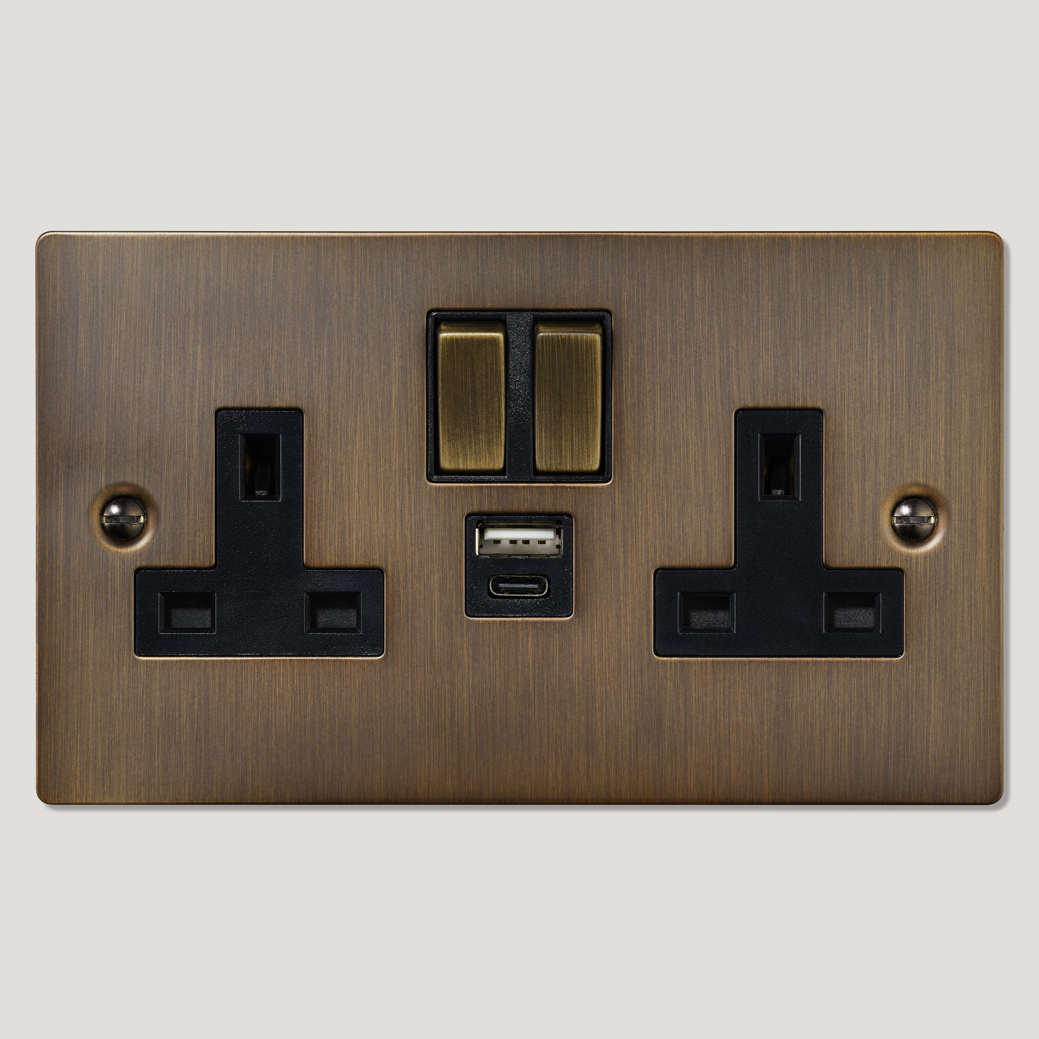 Plank Hardware Electric SYLVIE Double USB / USB-C Plug Socket  - Antique Brass (Black Insert)
