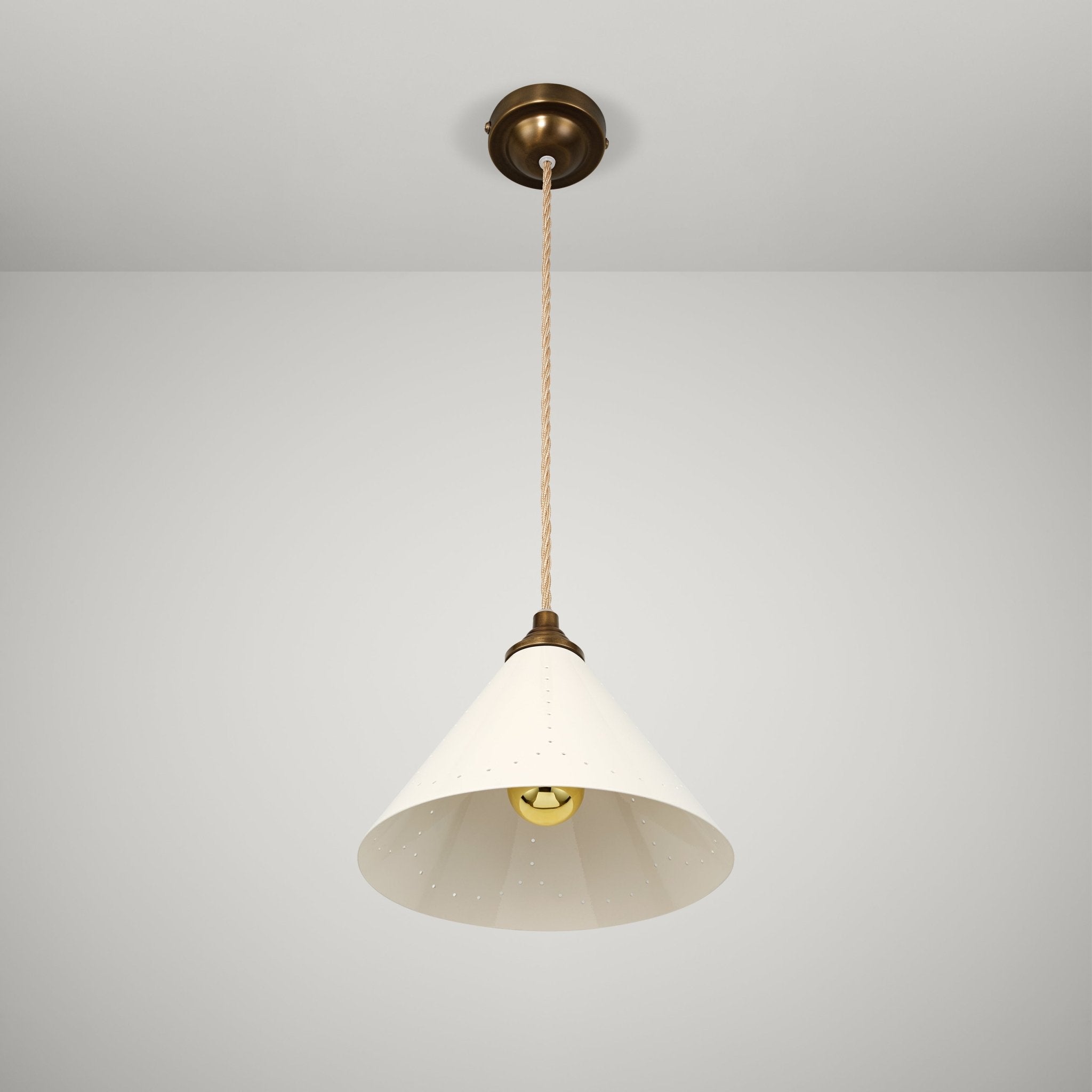 VESPER Conical Pendant Light - Cream Enamel & Antique Brass - Plank Hardware