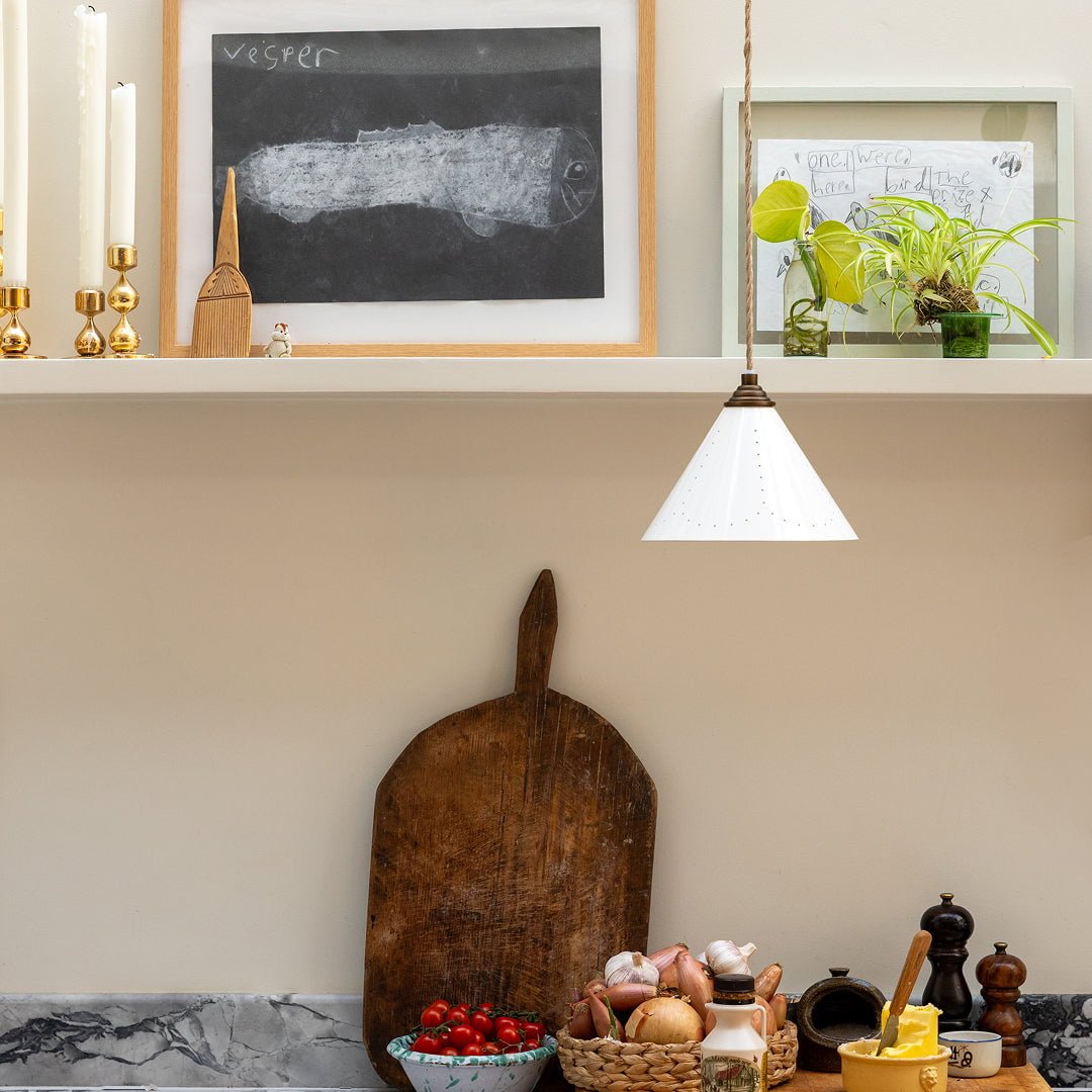VESPER Conical Pendant Light - Cream Enamel & Antique Brass - Plank Hardware