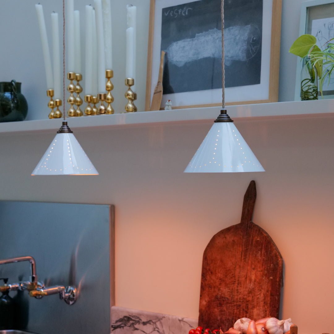 VESPER Conical Pendant Light - Cream Enamel & Antique Brass - Plank Hardware